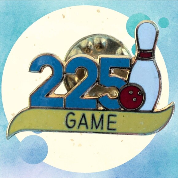 Vintage 1980s Bowling 225 Game Ball Lapel Pin Back Taiwan Score Gold Blue White - Picture 1 of 4